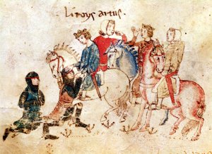 De ridders Esclabor en Arphasar bieden hun diensten aan koning Arthur aan, uit de Roman de Meliadus door French School