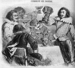 De markies Francois de Bassompierre (1579-1646) (maarschalk de Bassompierre) drinkend uit zijn ketelboot. Gravure uit 1852.