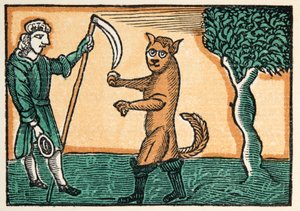 De gelaarsde kat uit Histories or Tales of Past Times verteld door Moeder de Gans, met moraal, door M Perrault, pub. 1925 (handgekleurde houtsnede) door French School