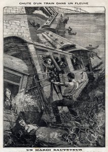 De New York Buffalo-trein valt in een rivier in de Verenigde Staten: een man probeert passagiers te redden die dreigen te verdrinken. In Le Peute Parisien op 7/11/1897 door French School