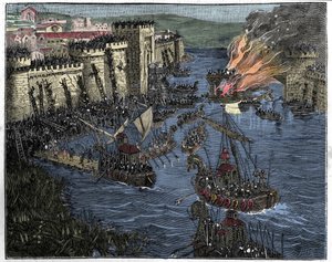 De Noormannen, geleid door Rollo, belegerden Parijs in 885, illustratie uit Frankrijk en de Fransen door de eeuwen heen, 1884 door French School