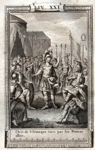 De aankondiging van Telemachus gevolgd door de geallieerde prinsen - gravure uit 1798 na Monnet in Les Aventures de Telemachus, fils d