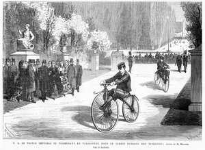 De prins keizerlijk, bekeken door zijn ouders, de keizer en keizerin, toont zijn vaardigheid in fietsen op een Michaux velocipede in de Tuilerieën, Parijs, 1869 door French School