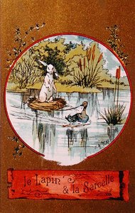 Het konijn en de taling, geïllustreerde kaart met de fabel van Jean de la Fontaine door French School