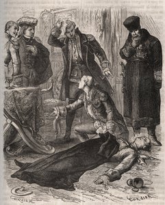 De Russische keizer Peter III (1728-1762), toegewezen aan een residentie, werd vermoord in opdracht van zijn vrouw Catharina II, die hem net had afgezet en de macht had overgenomen, door Alexei Orlov (1737-1808) en zijn bewakers op 17 juli 1762. Gravure ui door French School