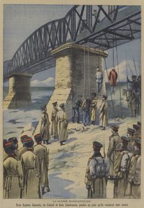 De Russisch-Japanse Oorlog: Russische troepen hangen drie Japanse saboteurs op aan de brug die ze wilden opblazen