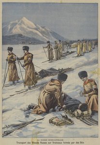 De Russisch-Japanse Oorlog: gewonde Russische soldaten vervoeren op sleeën gemaakt van ski