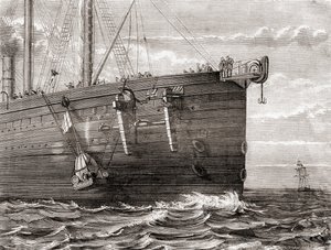 De S.S. Great Eastern lanceert een boei in zee om de plek van een verloren trans-Atlantische telegraafkabel te markeren door French School