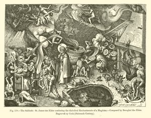 De Sabbat: St. Jacobus de Oudere bestrijdt de Duivelse Betoveringen van een Tovenaar (gravure) door French School
