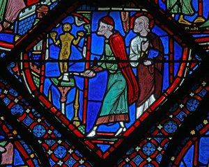 Het St. Jacobus raam: Almogenes (Hermogines) vernietigt het afgodsbeeld door French School