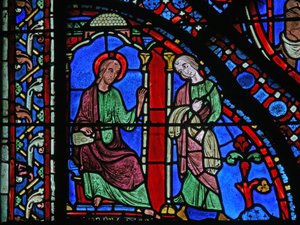 Het St. Jacobus raam: Jacobus stuurt zijn mantel om Filetus te genezen door French School