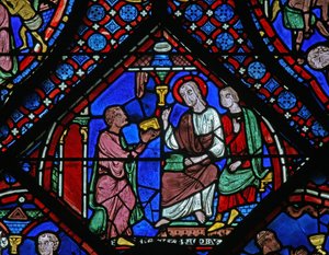 Het St. Jacobus raam: hij ontmoet Filetus met zijn toverboek door French School