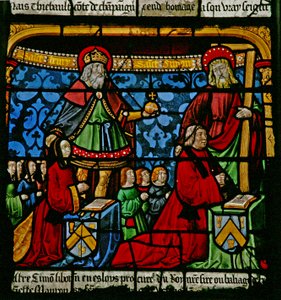 Het Sint Louis raam: De schenkers Henriette de Mauroy & Simon Liboron zijn te zien met hun patroonheiligen Sint Hendrik en Simon van Cyrene door French School