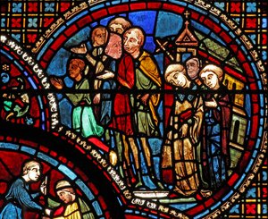 Het raam van Sint-Lubin: een processie verlaat een kerk door French School