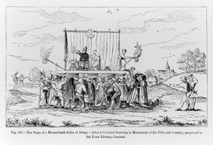 Het Podium van een Kwakzalver Verkoper van Geneesmiddelen, illustratie uit Wetenschap en Literatuur in de Middeleeuwen en de Renaissance, geschreven en gegraveerd door Paul Lacroix, 1878 door French School