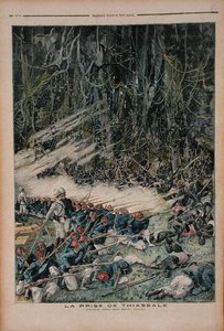 De Inname van Thiassale, de Slag in het Maagdelijke Regenwoud, illustratie uit Le Petit Journal, 26 augustus 1893 door French School