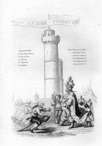 De Toren is voorzichtig. Een kolonel met een geweer komt naar beneden naar de koning, gevolgd door pages. Gravure in 