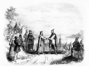 Het Verdrag van Saint Clair-sur-Epte tussen Karel III De Eenvoudige en Rollo de Viking in 911 door French School