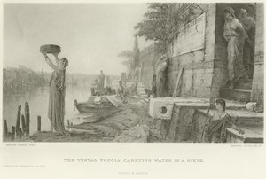 De Vestaalse Tuccia draagt water in een zeef (gravure) door French School