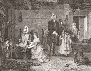 De dominee van Wakefield verzoent zijn vrouw met Olivia, naar het schilderij van Gilbert Stuart Newton. Uit Histoire des Peintres, École Anglaise, gepubliceerd in 1867 (litho)