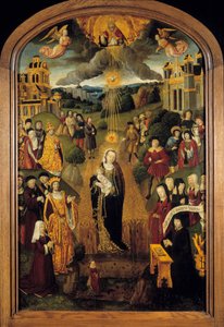 De Maagd met Tarwe Koning Lodewijk XII (1462-1515) en Paus Alexander VI (1431-1503) zijn aanwezig. Almachtige God houdt de wereldbol en zegent de scène terwijl de Heilige Geest de Maagd en het Kind beschermt door French School