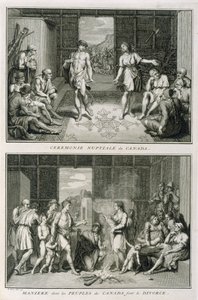 De Huwelijksceremonie en de Manier van Scheiden in Canada, illustratie uit Religieuze Ceremoniën en Gebruiken, gegraveerd door Bernard Picart (1673-1733) 1723