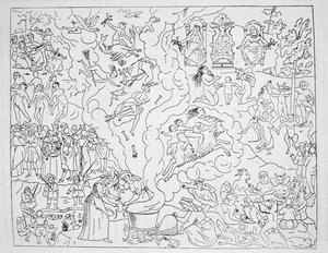 De Heksensabbat, kopie van een illustratie uit Tableau de linconstance des mauvais anges door Pierre de Lancre, Parijs 1612, gebruikt in Geschiedenis van de Magie, gepubliceerd eind 19e eeuw