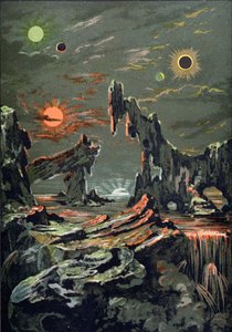 De Wereld van Vier Manen en Vier Zonnen, illustratie uit LAstronomie Populaire geschreven door Camille Flammarion (1842-1925) 1881