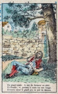 De eikel en de pompoen. Fabels van Jean de La Fontaine (1621-95). Epinal imaging eind 19e eeuw. door French School
