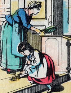 De activiteiten voor meisjes uit goede families: het huishouden - Epinal afbeelding - 19e eeuw (gravure)