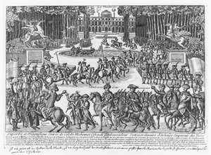 De aankomst van Mehmed Celebi Efendi, ambassadeur van Sultan Ahmed III van Turkije, bij de Tuilerieën om ontvangen te worden door Lodewijk XV in 1721 (gravure) door French School