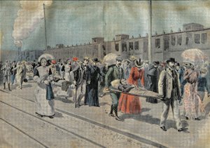 De aankomst van een trein met zieken op het station van Lourdes, waar de brancards hen direct naar de wonderbaarlijke grot brengen en de Dames van de Vereniging Notre-Dame de Salvation en de Kleine Zusters van de Assumptie met toewijding over hen waken