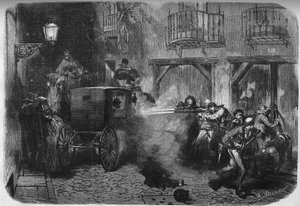 De moord op Juan Prim y Prats (1814-1870), Spaanse generaal en politicus, bij zijn vertrek uit de Cortes, in de straat del Turco in Madrid op 28 december 1870. Gravure in "Le Monde Illustré" n°724 van 25 februari 1871. door French School