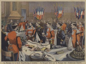 De band van de Franse Republikeinse Garde bij een banket georganiseerd door de band van de Coldstream Guards in Londen