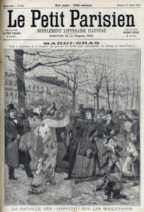 De confettislag op de Parijse boulevard tijdens Mardi Gras. Gravure in "Le petit Parisien" door French School