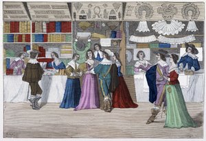 De boetieks van de galerij van het gerechtsgebouw onder Lodewijk XIII - in "Parijs door de eeuwen heen" door French School