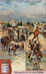 De stad Kandahar in Afghanistan met Mullah die oorlog predikt. Reclamechromolithografie van de 19e eeuw