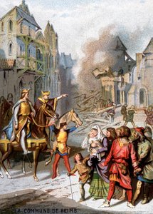 De gemeente Reims (1160) - Represailles van Lodewijk VII om de gemeenschappelijke vrijheden van de bourgeois van Reims te vernietigen. Chromolithografie van de serie 
