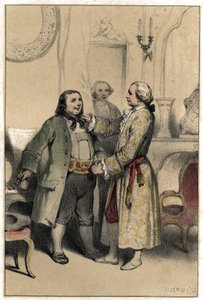 De componist Joseph Haydn ontving een man die hem vroeg een menuet te componeren voor de bruiloft van zijn dochter. Plaat uit "Scenes de la vie des hommes célèbres" gravure in twee tinten door Valerio. 1843 door French School