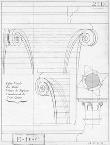 Het Korinthische kapiteel, illustratie uit een boek over geometrie, 18e of 19e eeuw, gepubliceerd Avec Privilege du Roy et E.. du Gouvernement door French School