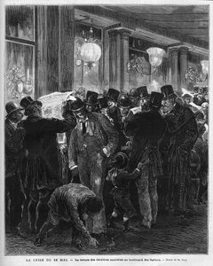 De crisis van 16 mei 1877: het lezen van het laatste nieuws op de boulevard des Italians in Parijs. Deze Franse politieke crisis is het resultaat van de brief van Mac Mahon die de houding van Raadspresident Jules Simon bekritiseert, die uiteindelijk zal af door French School