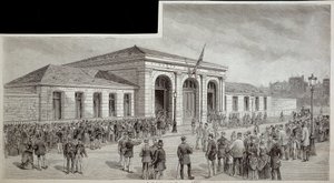 De menigte voor het mortuarium in Parijs in 1886 door French School
