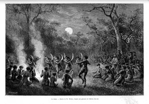 De dans van de boemerang rond het vuur bij de Aboriginals van Australië - in "Tour du Monde"