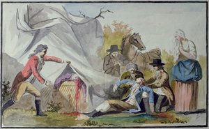 De dood van Francois Pilatre de Rozier (1754-85) nabij Boulogne op 15 juni 1785 na een poging om het Kanaal over te steken in een Mongolfiere ballon door French School
