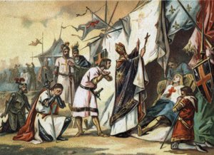 De dood van Sint Lodewijk (Lodewijk IX) (1214/1215-1270) in Tunis. Chromolithografie uit het einde van de 19e eeuw. door French School