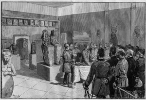 Het ontmantelen van de Mummie van Sesostris (Ramses II) in het Musée de Boulaq (Caïro, Egypte) door Gaston Maspero in aanwezigheid van de khedive Tewfik. Gravure in "De Illustere Wereld" 1886.