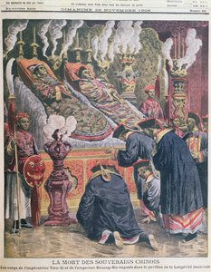 De tentoonstelling van de lichamen van Keizer Kouang-Siu en zijn tante de Keizerin Tseu-Hi in het paviljoen van keizerlijke levensduur, illustratie uit Le Petit Journal