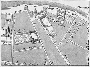 De wijk van het College des Quatre Nations (Vier Naties) en het hotel Conti-Fac-Simile in het plan van J. de la Caille door French School