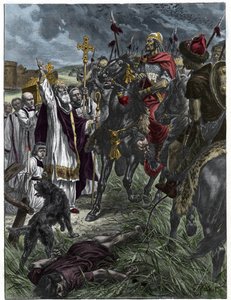 De bisschop Saint Loup van Troyes stopt Attila, koning van de Hunnen, voor Troyes - Barbarse invasies - Gravure naar het schilderij van H. Grobert. door French School