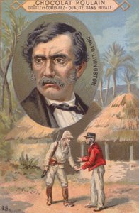 De ontdekkingsreiziger David Livingstone (1813-73) en zijn ontmoeting met Stanley (1840-1904) in Ujiji op 27 oktober 1871, handelskaart die Poulain-chocolade adverteert